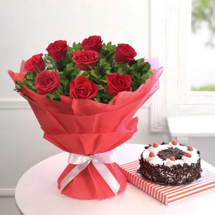 Red Roses with Black Forest Cake